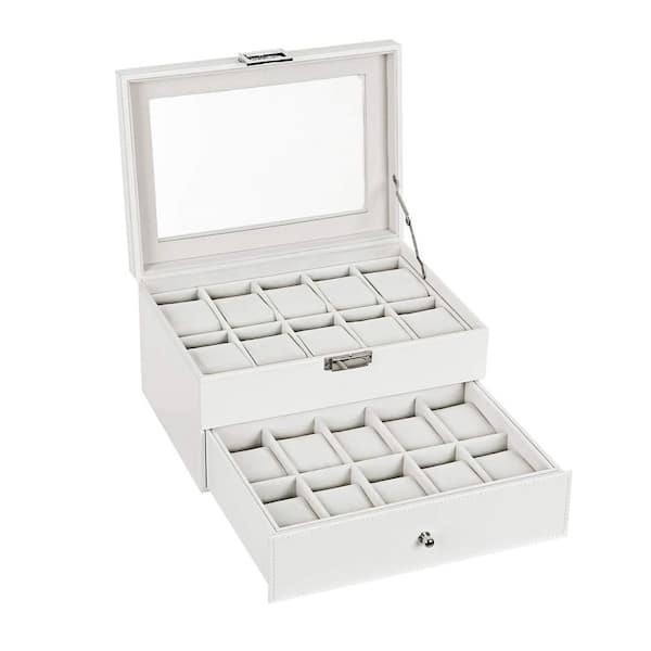 Watch Box White 20-Slot Organizer Two-Tier Glass Top