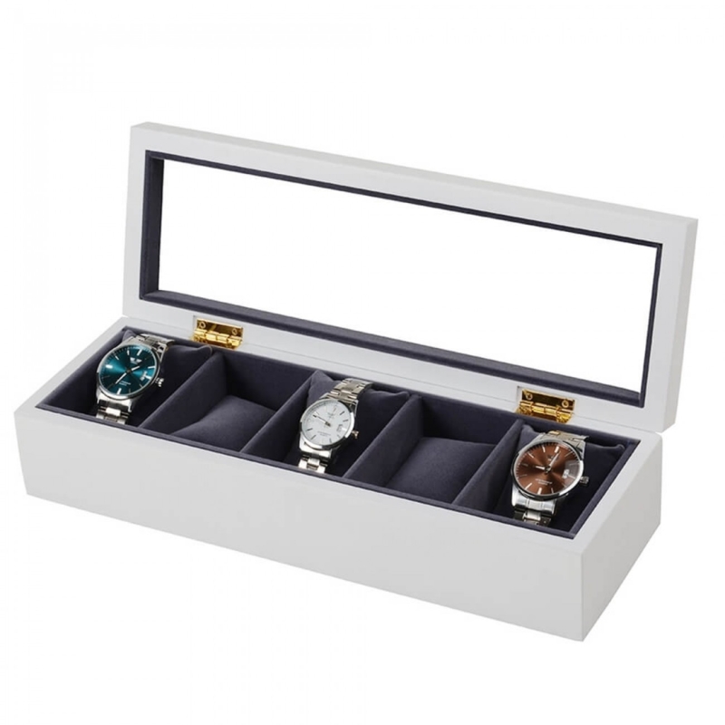 Watch Box White Five-Slot Charcoal Gray Lining Glass Lid
