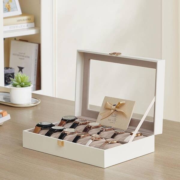 Watch Box White Leather 12-Slot Beige Lining Glass Top