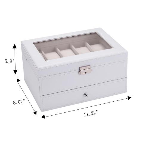 Watch Box White Leather-Like Clear Viewing Window Two Tier Storage Box