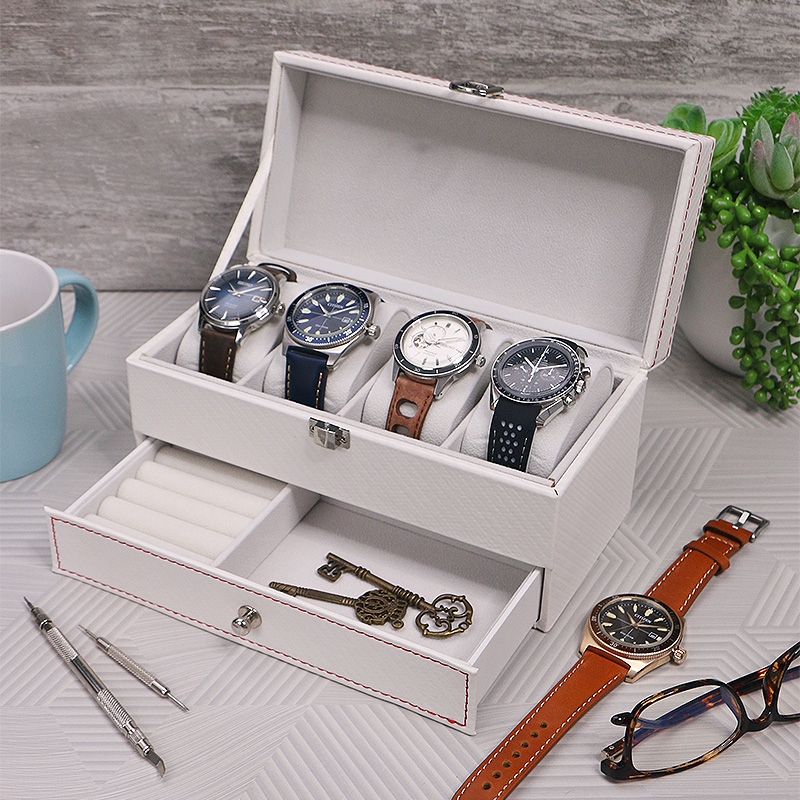 Watch Box White Red Stitching Carbon Fiber Two-Tier