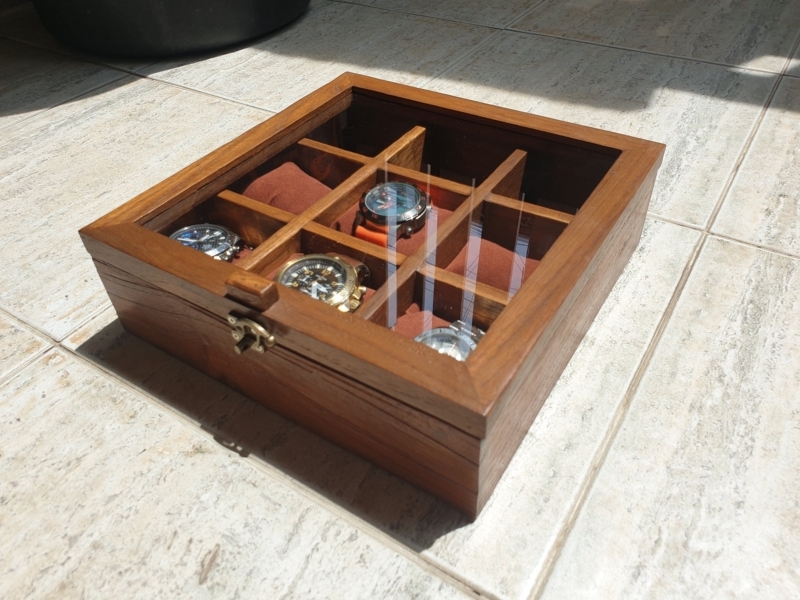 Watch Box with 9 Slots, Wood Toned Finish & Glass Top Organizer