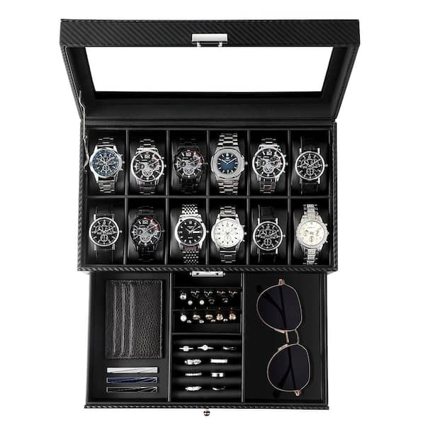 Watch Box with Carbon Fiber Lid & Two-Tier Glass Top Organizer