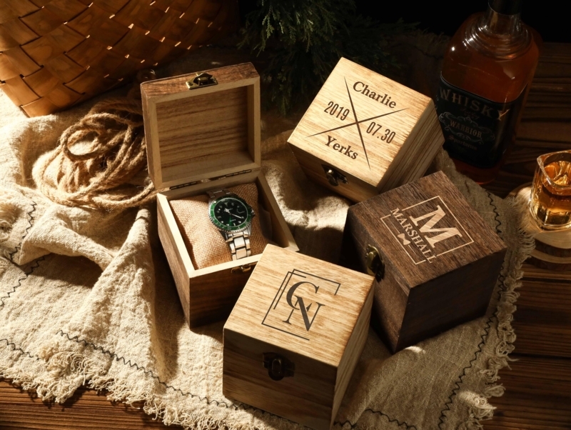 Watch Box with Engraved Lid & Metal Clasp, Rustic Wood Toned Finish