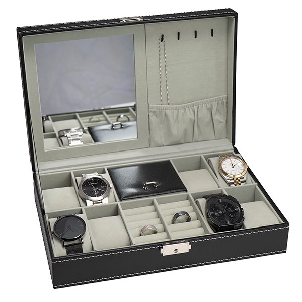 Watch Box with Integrated Mirror, Black Leather-Like & Contrast Stitching