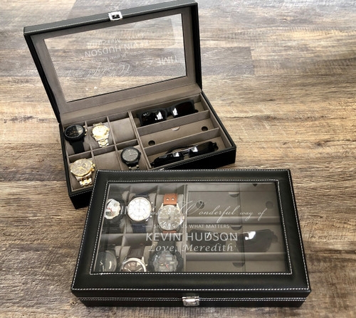 Watch Box with Sunglass Slots, Personalized Engraving on Glass Lid