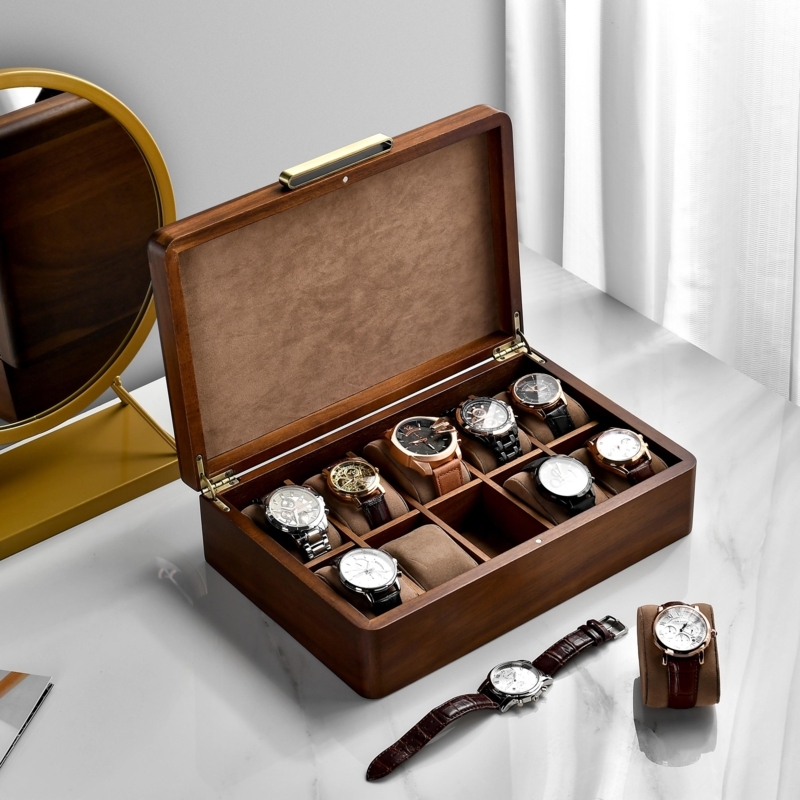 Watch Box with Ten Slots, Suede Lined Interior & Wood Grain Finish