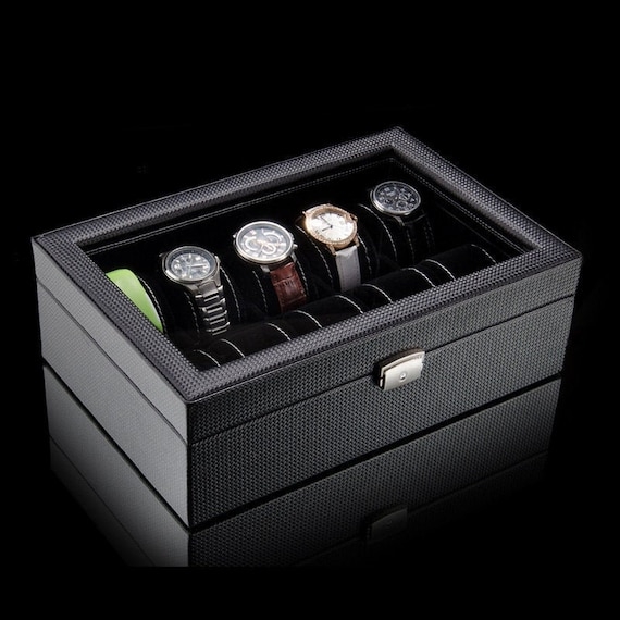 Watch Box with Woven Carbon Fiber Texture and 10-Slot Capacity Glass Top