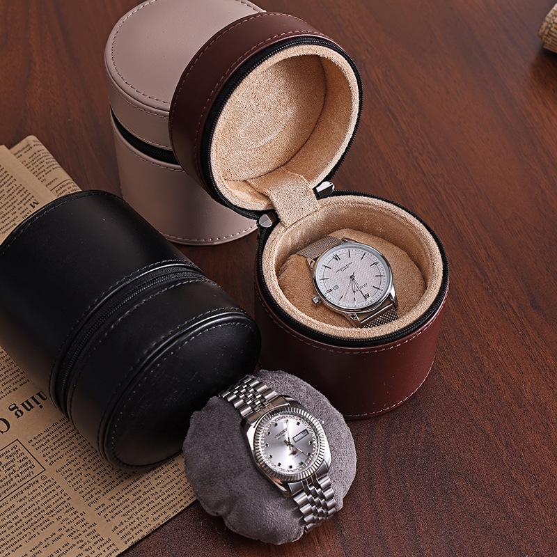 Watch Case Cylindrical Leather-Like Travel Friendly with Plush Interior