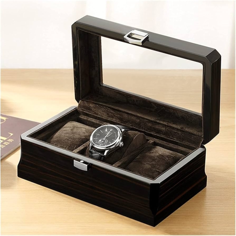 Watch Display Case High Gloss Finish Dark Wood Grain Suede Like Interior