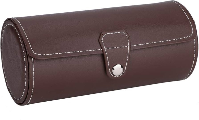 Watch Roll Case White Contrast Stitching Brown Cylindrical Travel