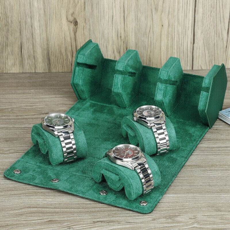 Watch Roll Emerald Green Fabric Snap Closure Multi Slot Storage