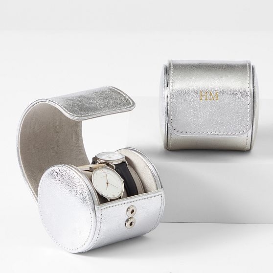 Watch Roll Metallic Silver Finish Gold Monogram Travel Organizer