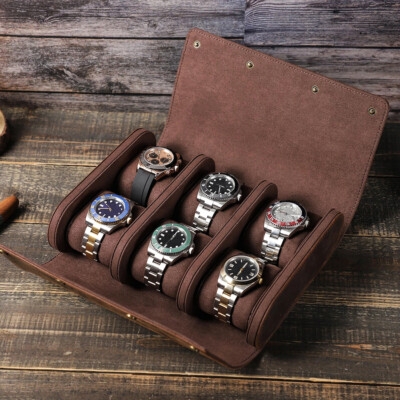 Watch Roll Six Slots Suede Like Lining Brown Watch Storage