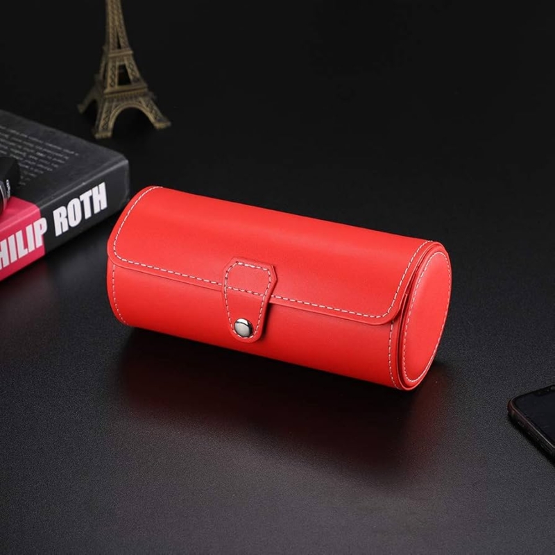 Watch Roll Top Flap Red Cylindrical Contrast Stitching Storage