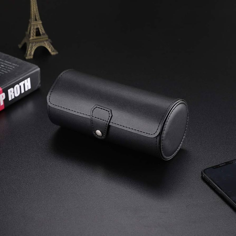 Watch Roll Visible Stitching Matte Black Cylindrical Snap Closure