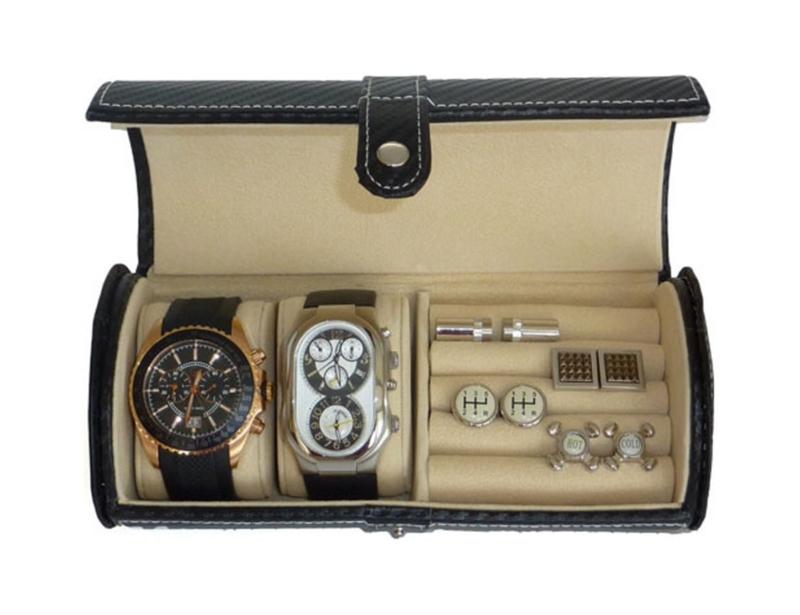 Watch Storage Case Carbon Fiber Texture Tan Lining Padded Slots