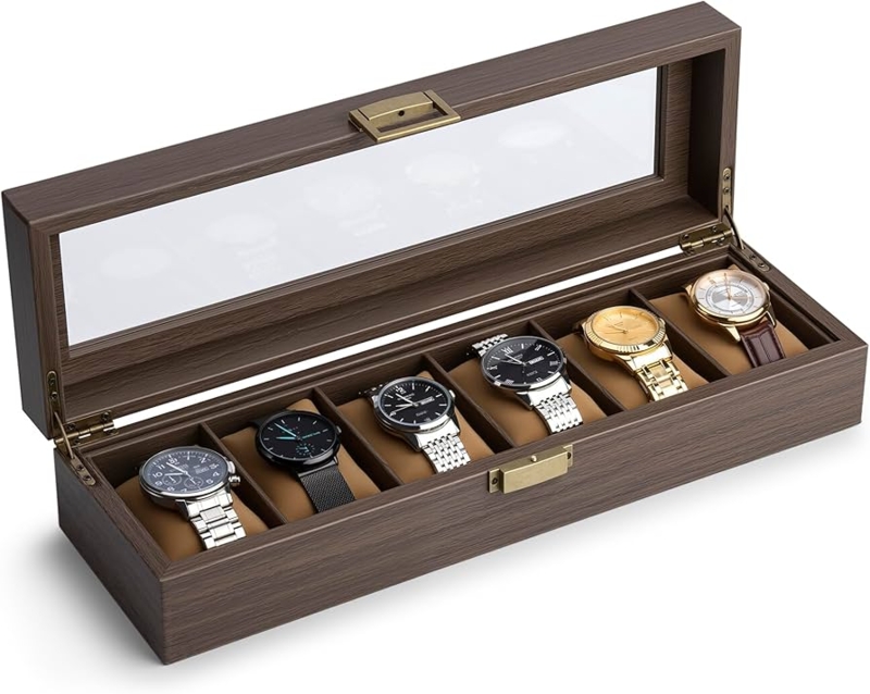 Watch Storage Case, Wood-Toned, Six Slots, Tan Padded Interior