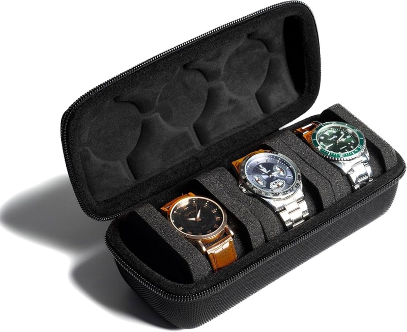 Watch Travel Case: 3 Slot, Zippered Closure, Padded Foam Interior, Black