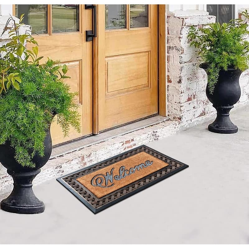 Welcome Doormat Script Text Basketweave Rubber Border Traditional