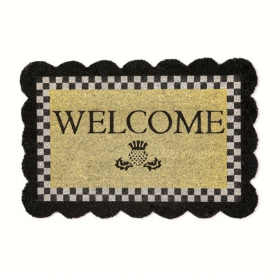 Welcome Doormat with Scalloped Edge, Checkered Border and Thistle Emblem