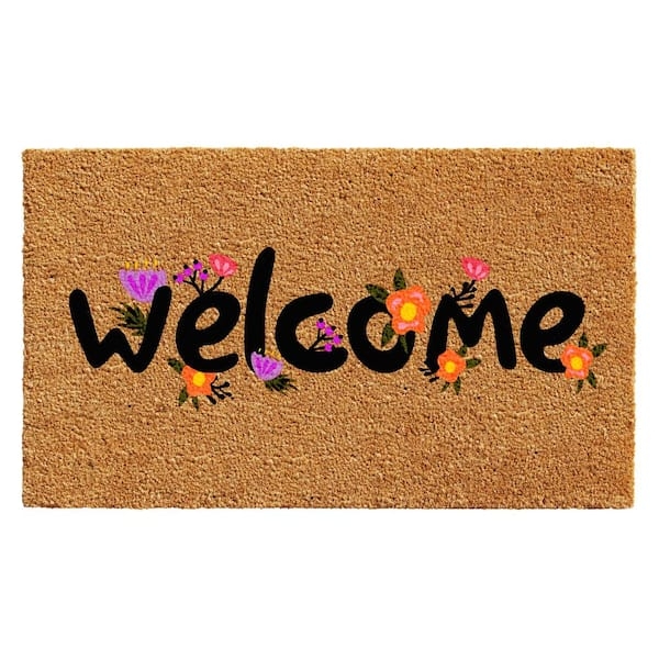 Welcome Mat Natural Coir With Floral Script Design And Cottage Style