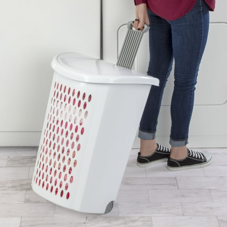 Wheeled Hamper White Plastic Telescopic Handle Ventilated