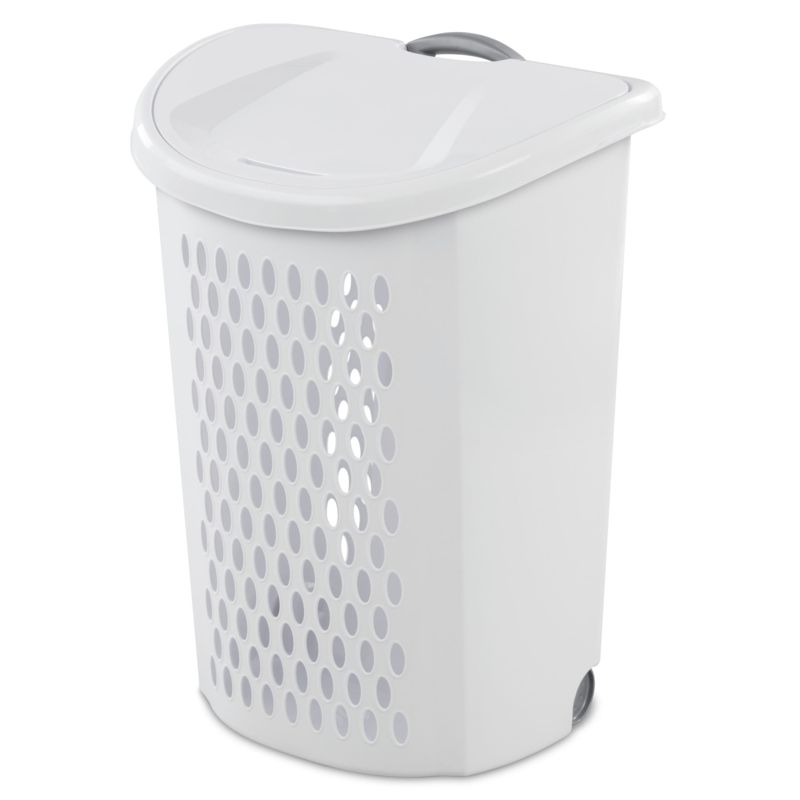 Wheeled Laundry Hamper White Plastic Perforated Tall Profile
