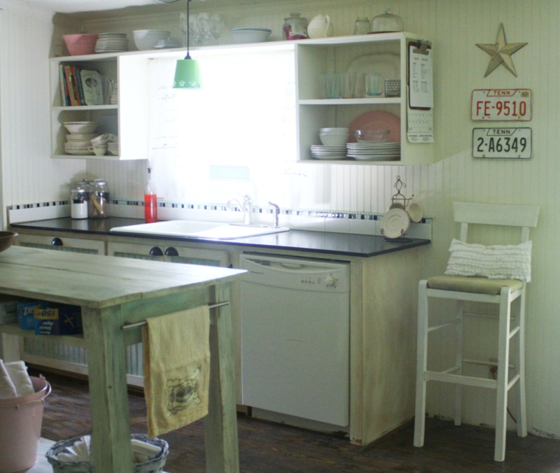 White Beadboard Wall Kitchen Ideas: Shabby Chic with Open Shelving