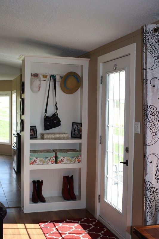 White Built-In Hall Tree: Glass Door, Coat Hooks, & Shoe Storage