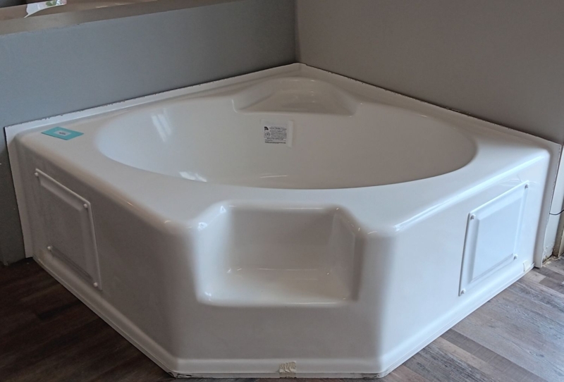 White Corner Garden Tub with Integrated Step and Access Panels
