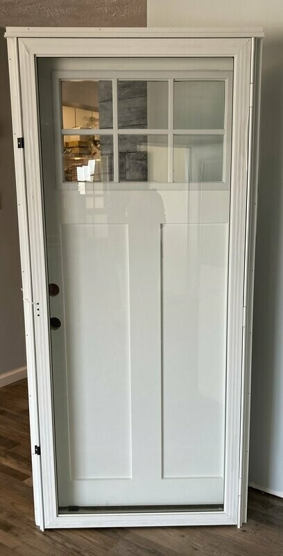 White Craftsman Front Door with Six-Pane Window and Integrated Storm Door