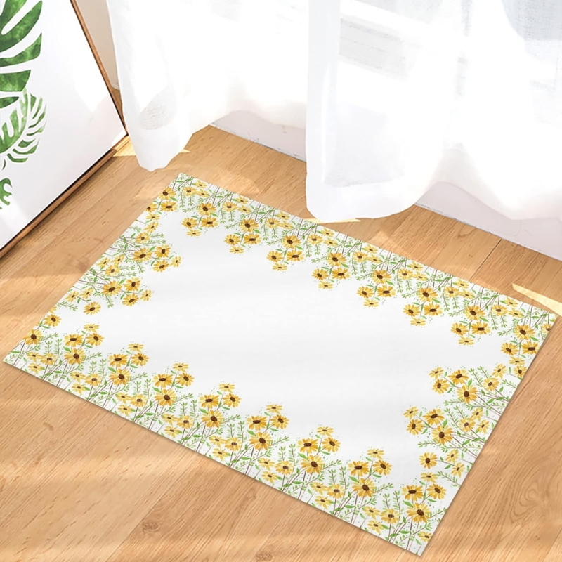 White Doormat with Yellow Daisy Floral Border, Cottagecore Style