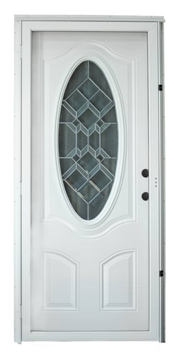 White Front Door: 3/4 Oval Decorative Glass with Geometric Beveling