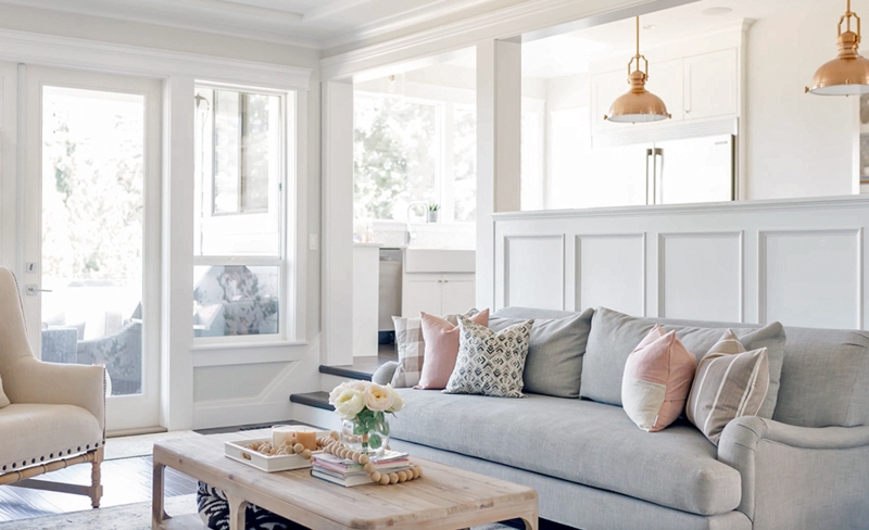 White Half Wall Paneling Ideas: Transitional Living Room with Grey Sofa