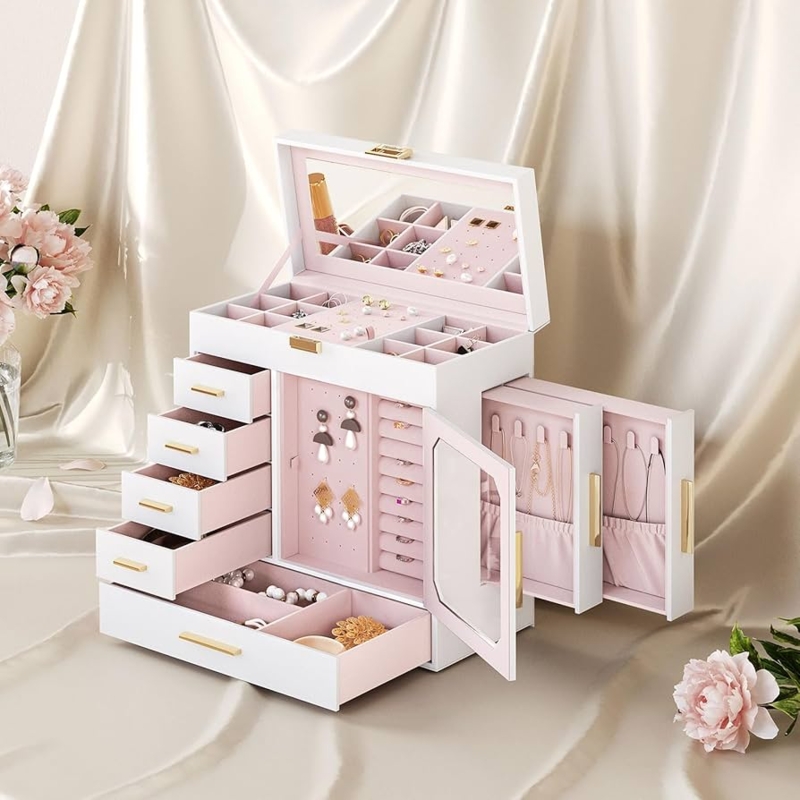 White Jewelry Box with Glass Door Five Drawers and Necklace Wings