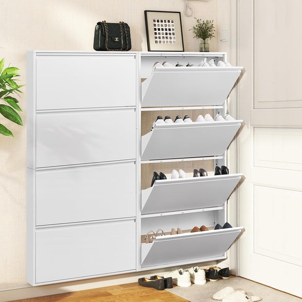 White Metal Shoe Storage Cabinet with Flip-Down Drawers