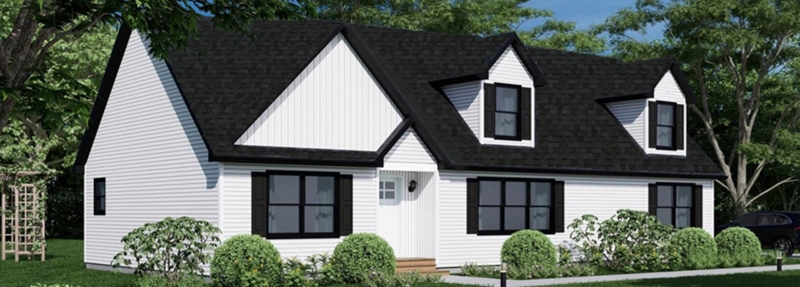 White Modular Home Exterior: Symmetrical Dormer Windows and Shutters