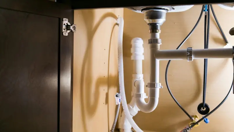 White PVC P-Trap Assembly and Air Admittance Valve Under Sink Cabinet