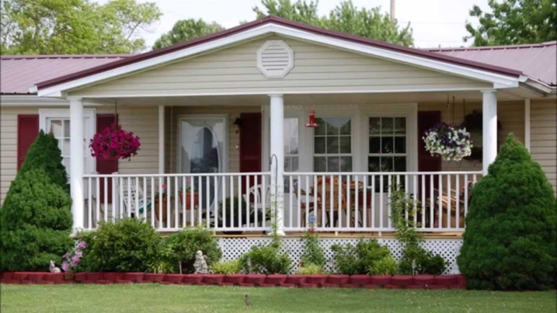 White Railing Porch With Maroon Metal Roof | Traditional Mobile Home Design
