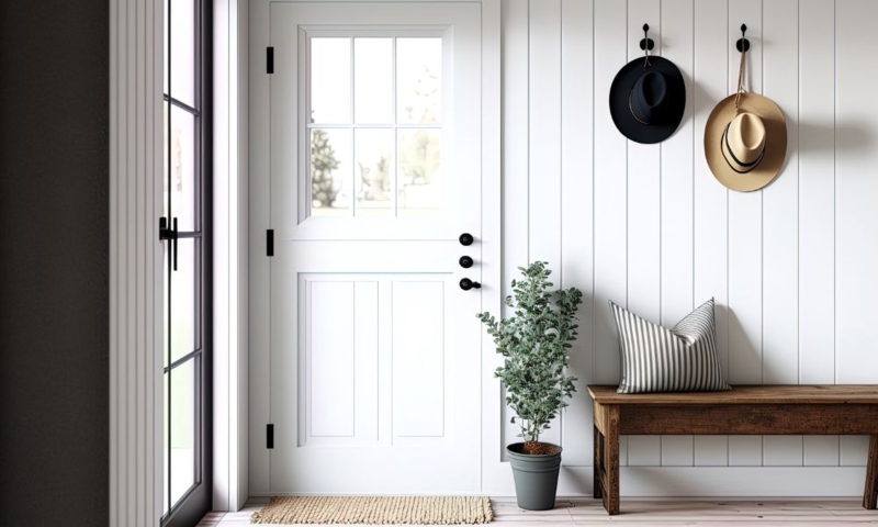 White Shiplap Entryway: Rustic Wood Bench, Wall Hooks, & Glass Door