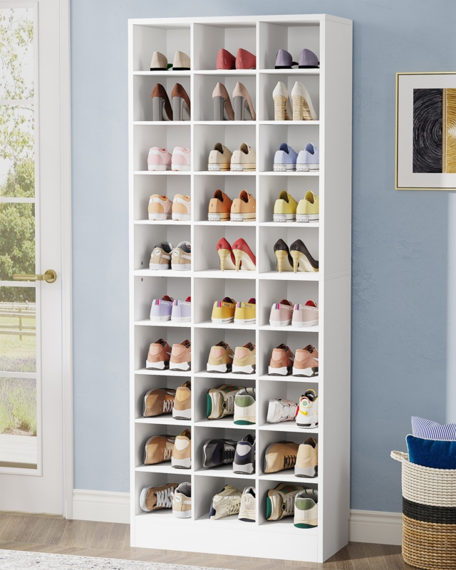 White Shoe Cabinet featuring a Tall Thirty-Compartment Grid Layout