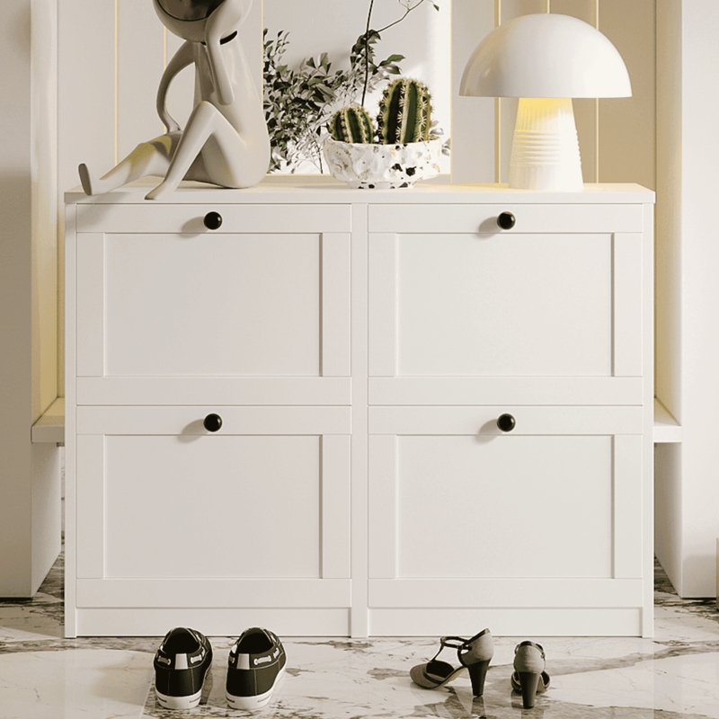 White Shoe Cabinet with Black Round Knobs and Four Flip Drawers