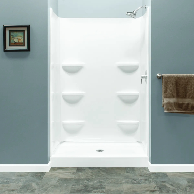 White Shower Stall: Compact Unit with Six Integrated Shelves