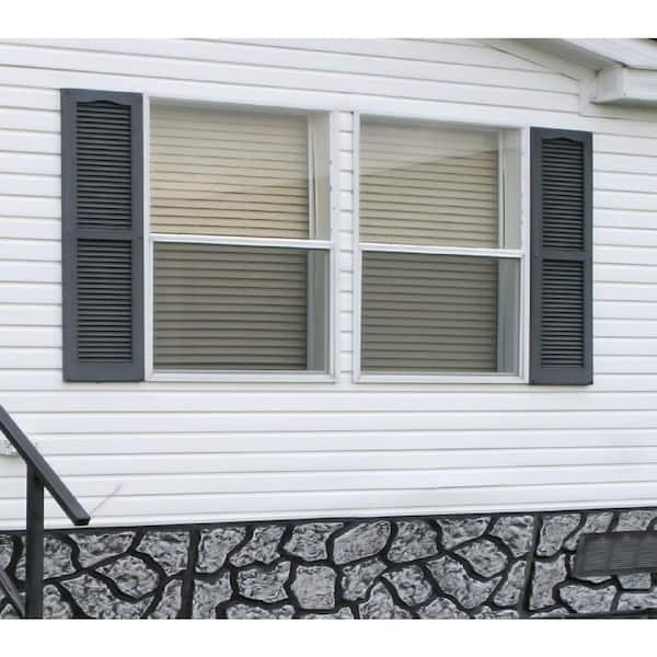 White Single Hung Window with Dark Grey Shutters and Stone Veneer Base