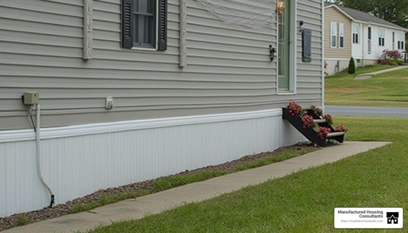 White Vinyl Mobile Home Skirting With Vertical Ribbed Texture And Planters
