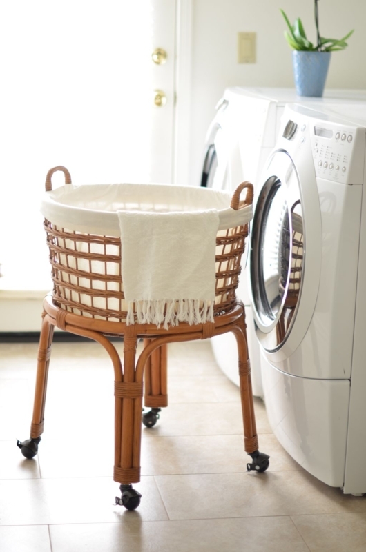 Wicker Laundry Basket Elevated Rolling Stand Rattan Coastal