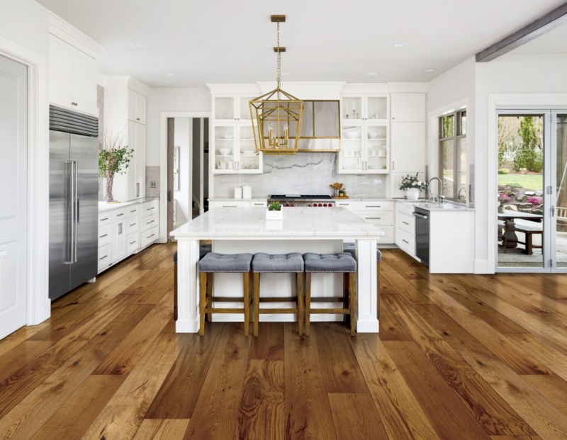 Wide Plank Hardwood Flooring Kitchen with Gold Geometric Pendant Light