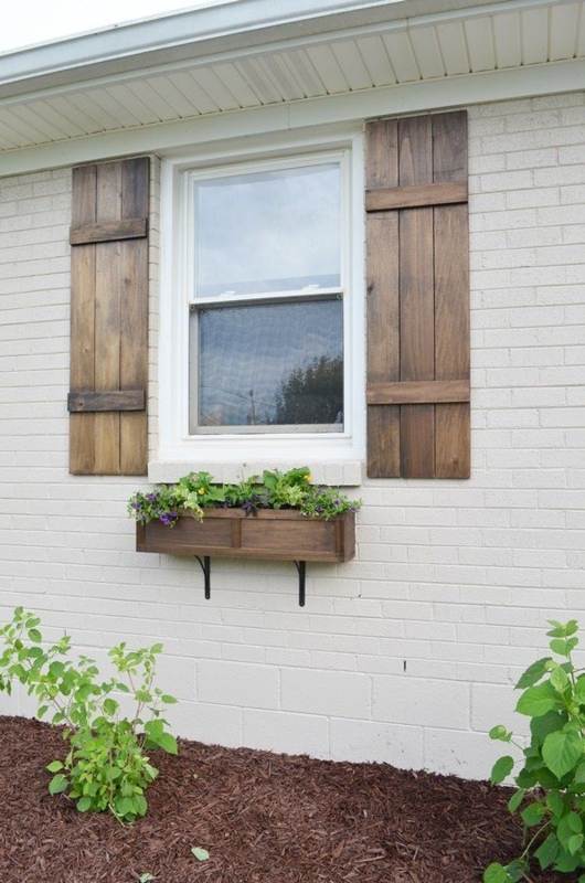 Window Box Planter: Rustic Wood, Black Metal Brackets on White Brick