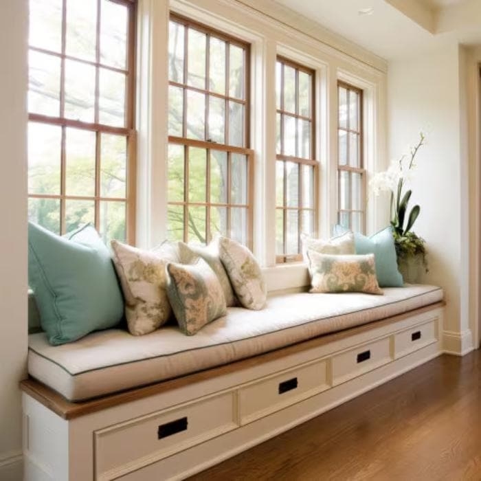 Window Seat with Built-In Storage Drawers & Welted Cushion